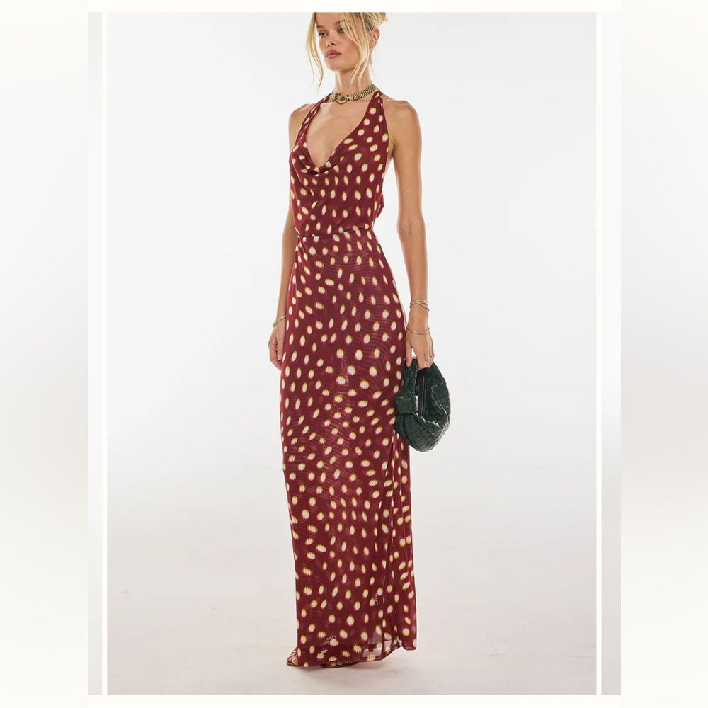 RESA Burgundy and Cream Spotted Halter Maxi Dress - Picture 3 of 6